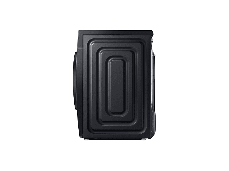 Une machine à laver noire, vue latérale. L'arrière a un design de panneau encastré. Une porte circulaire est visible sur le côté gauche.