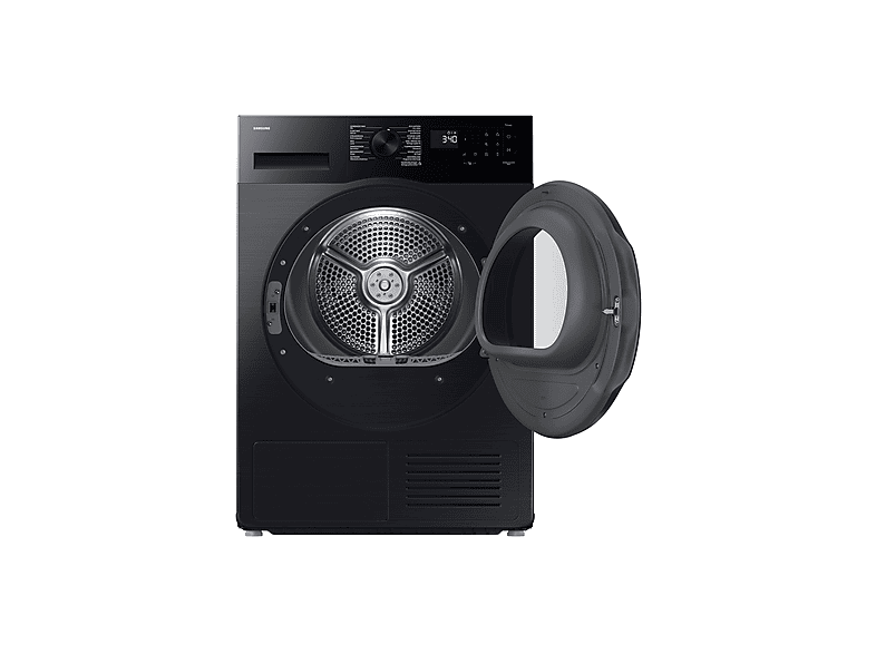 Un sèche-linge Samsung noir avec une porte ouverte. L'écran numérique affiche 3:40. L'intérieur du sèche-linge est visible.