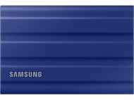 Un disque dur externe Samsung bleu avec une texture nervurée et le logo Samsung.