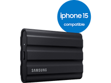 Charger l&#39;image dans la galerie, Disque dur externe Samsung noir avec une étiquette &#39;compatible iPhone 15&#39;.
