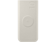 Un chargeur portable blanc. Il porte le numéro 10 imprimé et le symbole de charge.