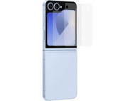 Un smartphone pliable bleu clair, partiellement ouvert, révélant un écran interne. Possède un double appareil photo.