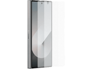 Un téléphone argenté, ouvert, sur fond noir. L'écran affiche un design gris et blanc.