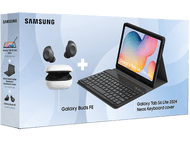 Boîte produit Samsung : Tablette, housse clavier, écouteurs et stylet, fond blanc.