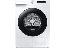 Charger l&#39;image dans la galerie, Un sèche-linge Samsung blanc. Il est fermé, avec une porte noire. Le panneau de commande est en haut.
