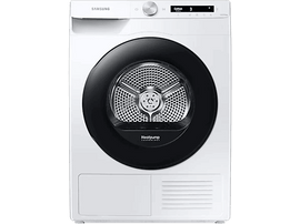 Un sèche-linge Samsung blanc. Il est fermé, avec une porte noire. Le panneau de commande est en haut.