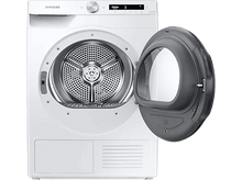 Charger l&#39;image dans la galerie, Un sèche-linge Samsung blanc avec la porte ouverte. Le tambour intérieur est visible.
