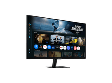 Charger l'image dans la galerie, Un moniteur Samsung affiche une interface Smart TV. L'écran affiche des applications, des services de streaming et une scène de hockey.
