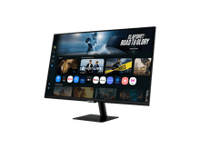 Charger l'image dans la galerie, Un moniteur Samsung noir affiche une interface de service de streaming avec des icônes de films et d'applications. L'écran montre un match de hockey.
