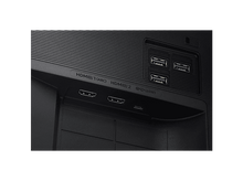 Charger l'image dans la galerie, Gros plan du panneau arrière d'un moniteur noir. Ports HDMI, USB et un connecteur d'alimentation sont visibles. Le panneau est texturé.
