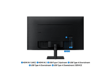 Charger l'image dans la galerie, Vue arrière d'un moniteur Samsung noir avec support. Les ports numérotés 1 à 6 sont visibles. Le fond est noir.
