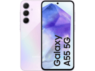 Smartphone rose avec triple caméra et écran affichant 'Galaxy A55 5G'.