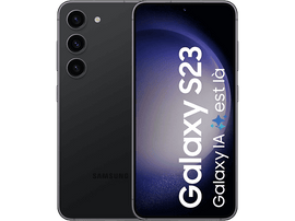 Smartphone noir avec trois caméras arrière, écran affiche "Galaxy S23".