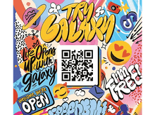 Charger l&#39;image dans la galerie, Art de graffiti coloré avec texte : Try Galaxy, Life Opens Up et I&#39;m Free. Inclut un code QR et des emojis.
