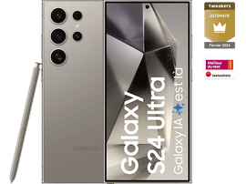 Un téléphone beige avec un stylet, Samsung Galaxy S24 Ultra sur l