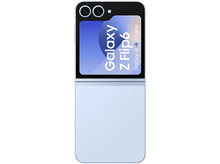 Charger l'image dans la galerie, Téléphone pliable bleu ouvert, avec du texte sur l'écran.
