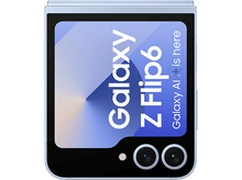 Charger l'image dans la galerie, Un téléphone bleu clair plié, avec des caméras et un écran avec du texte.
