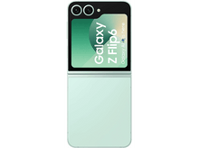 Charger l'image dans la galerie, Téléphone pliable ouvert de couleur menthe avec deux caméras. L'écran affiche du texte et un design dégradé.
