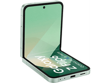 Charger l'image dans la galerie, Un téléphone vert Samsung Galaxy Z Flip6 est ouvert. L'écran affiche un affichage vert clair et blanc.
