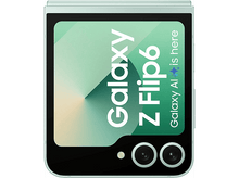 Charger l'image dans la galerie, Téléphone pliable vert montrant l'écran, avec deux caméras, et les mots 'Galaxy Z Flip6'.
