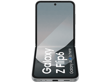 Charger l&#39;image dans la galerie, Téléphone pliable, cadre argenté, à moitié ouvert. L&#39;écran affiche: Galaxy Z Flip6.
