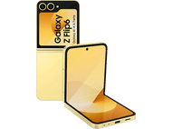 Téléphone pliable doré, ouvert, avec écran jaune. Un autre téléphone derrière avec couverture ouverte.