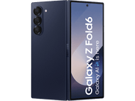 Samsung Galaxy Z Fold6 bleu marine en deux positions. Un déplié, un plié.