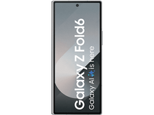 Charger l'image dans la galerie, Un téléphone pliable argenté affiche le texte 'Galaxy Z Fold6'. Fond blanc.
