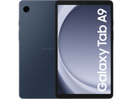 Tablette Samsung Galaxy Tab A9 bleue, vue arrière, sur fond noir.