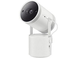 Projecteur cylindrique blanc sur pied blanc, objectif noir.