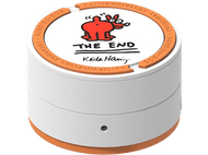 Lampe portable Keith Haring blanche et orange avec un design de figure rouge.