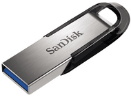 Une clé USB SanDisk argent et noire est affichée sur fond blanc.
