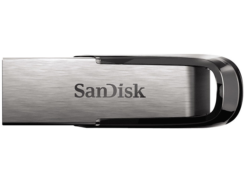 Clé USB Sandisk. Argent métallique avec des accents noirs et le logo Sandisk.