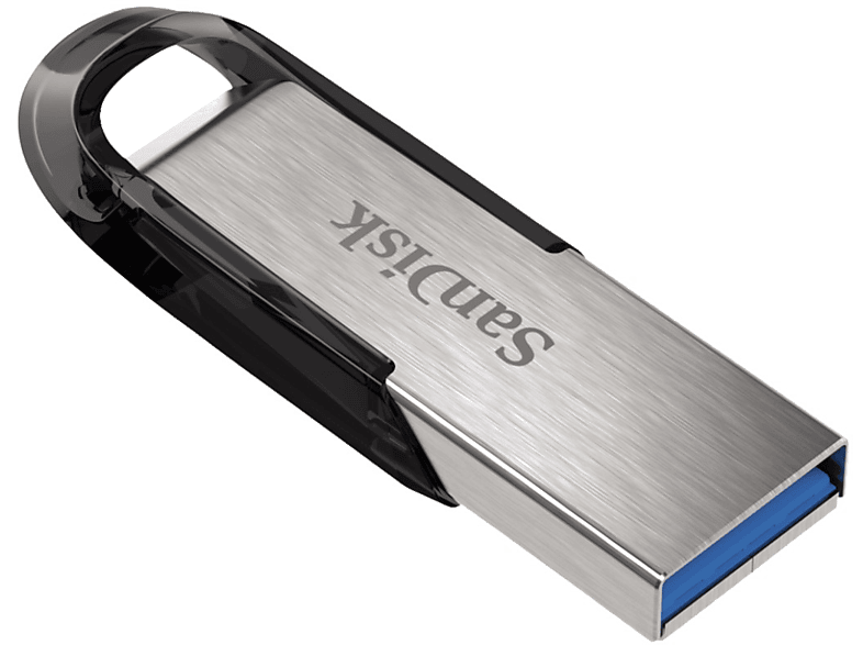 Clé USB SanDisk argent et noire. Le logo SanDisk est visible.
