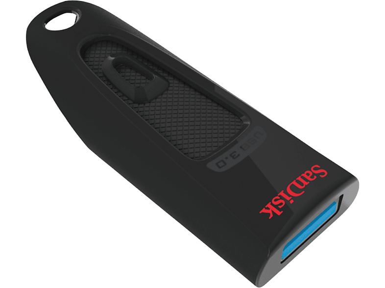 Clé USB noire avec un port bleu. Le mot Sandisk en rouge est écrit en bas.