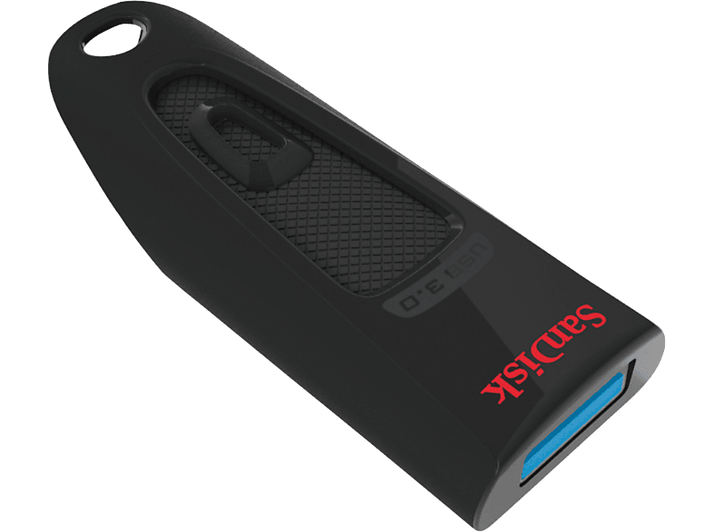 Clé USB noire avec un port bleu. Le mot Sandisk en rouge est écrit en bas.