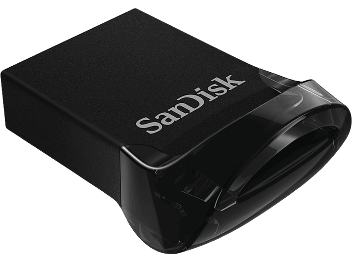 Clé USB Sandisk noire et transparente. Le logo Sandisk est visible sur la partie noire.
