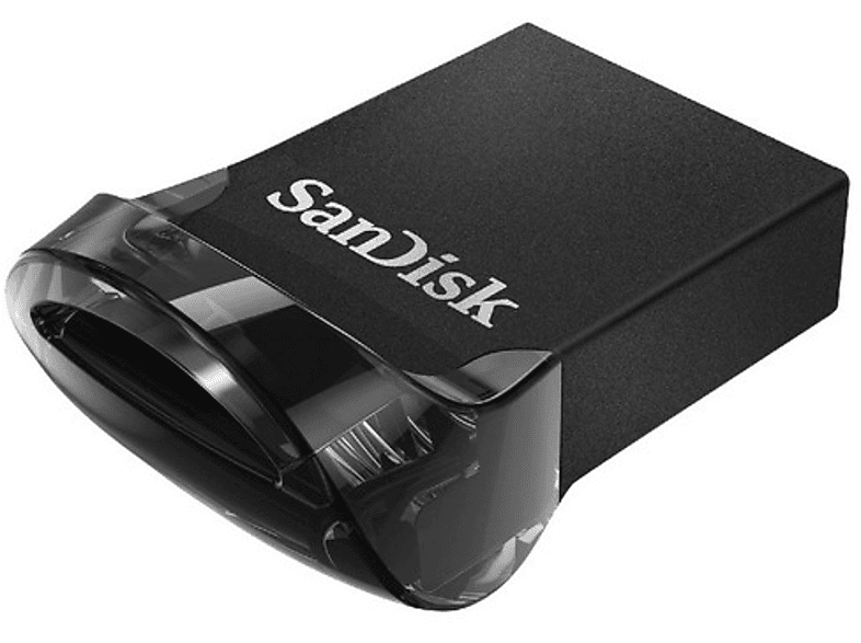 Clé USB SanDisk noire. Elle a une extrémité en plastique transparent. Fond blanc.