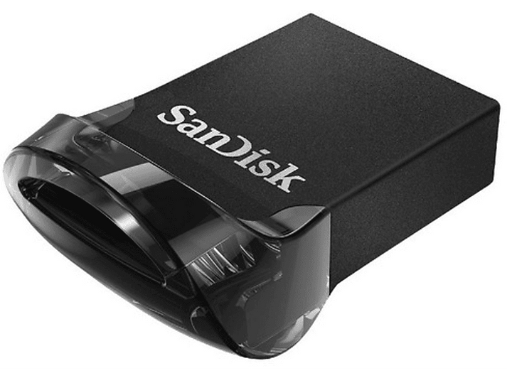 Clé USB SanDisk noire. Elle a une extrémité en plastique transparent. Fond blanc.