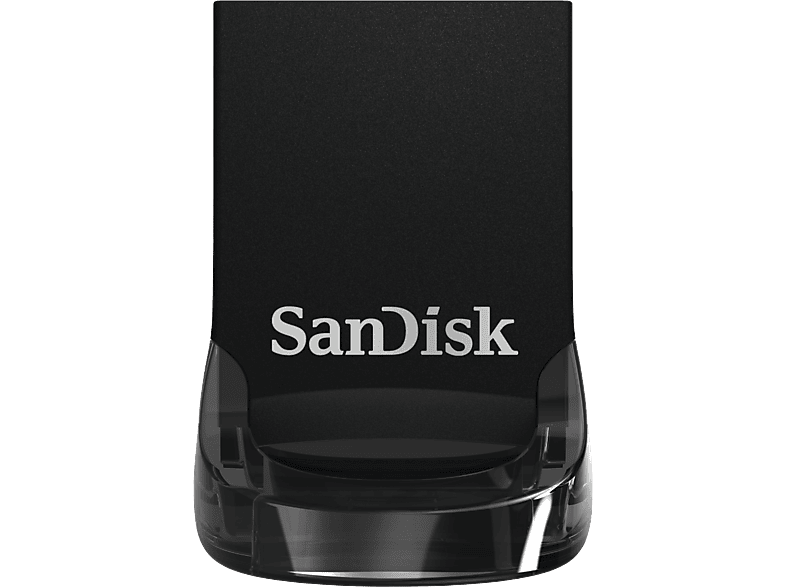 Une clé USB SanDisk noire et transparente, avec le logo SanDisk, sur fond blanc.