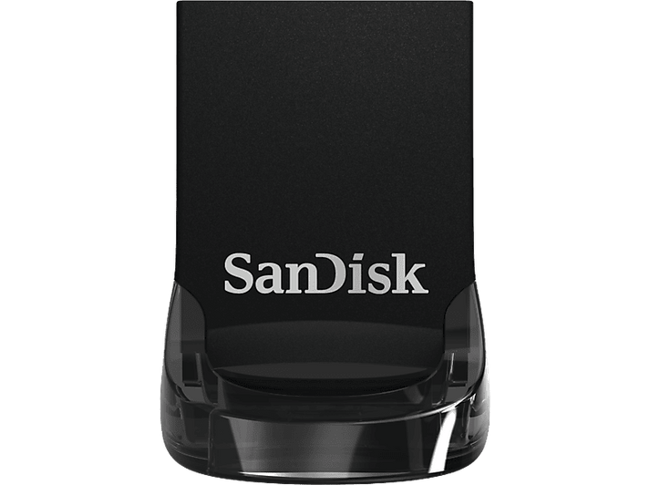 Une clé USB SanDisk noire et transparente, avec le logo SanDisk, sur fond blanc.