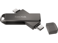 Une clé USB Sandisk grise avec des connecteurs Lightning et USB-C.