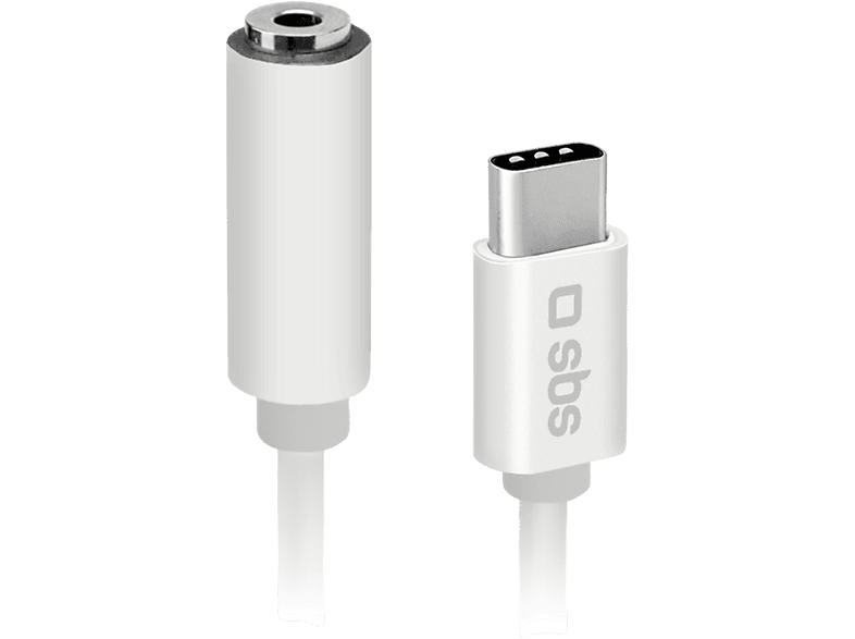 Adaptateur audio blanc avec un câble blanc et un connecteur USB-C sur fond noir.