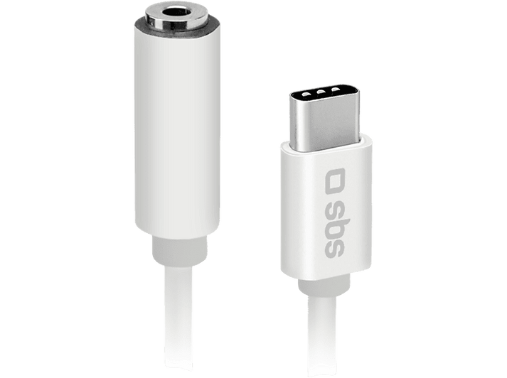Adaptateur audio blanc avec un câble blanc et un connecteur USB-C sur fond noir.