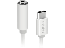 Charger l&#39;image dans la galerie, Adaptateur audio blanc avec un câble blanc et un connecteur USB-C sur fond noir.
