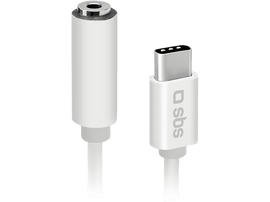 Adaptateur audio blanc avec un câble blanc et un connecteur USB-C sur fond noir.