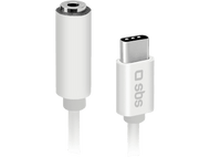 Adaptateur audio blanc avec un câble blanc et un connecteur USB-C sur fond noir.