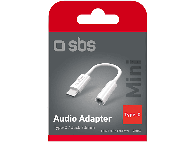 Un adaptateur audio blanc avec USB-C et prise 3,5 mm, emballé dans un étui rouge et blanc.