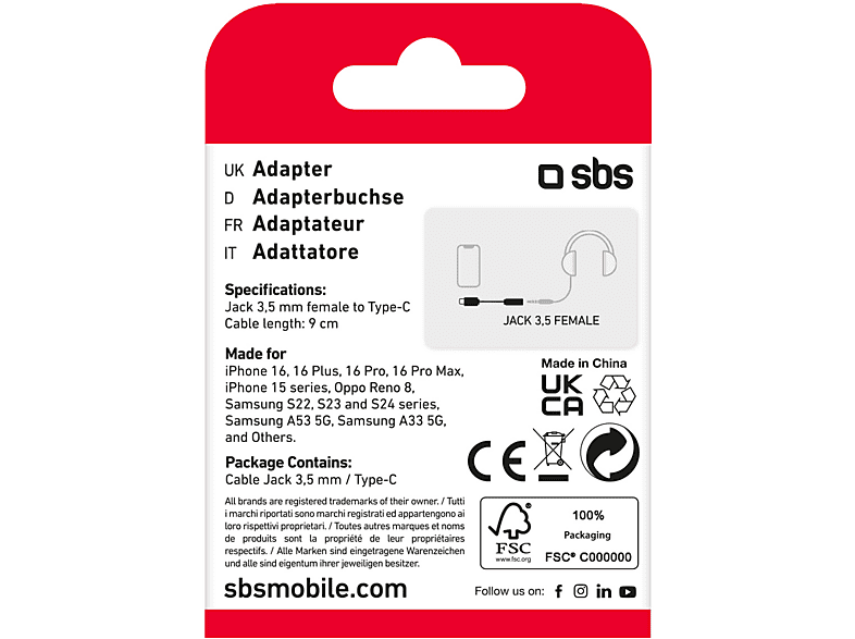 Étiquette d'emballage avec informations sur le produit : une prise de câble et un adaptateur.