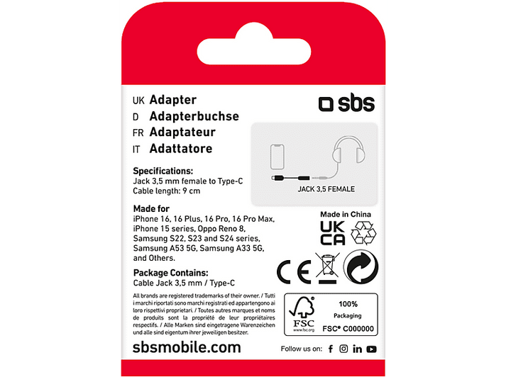 Étiquette d'emballage avec informations sur le produit : une prise de câble et un adaptateur.